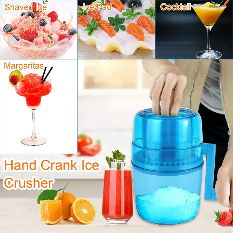 Hand Crank Ice Crusher,Snow Cone Machine Household Mini Portable Ice Shaver with Stainless Steel Blade Manual Ice Crusher for Snow Cone, Slush, Shaved Ice(Blue)