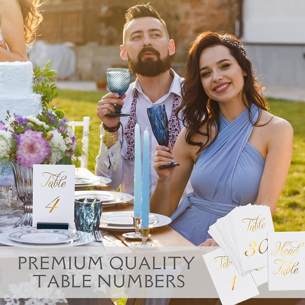 Gorgeous Wedding Table Numbers - Elegant Double Sided Gold Foil Lettering with Head Table Card - 4 X 6 Inches and Numbered 1-30 - Perfect for Weddings and Events