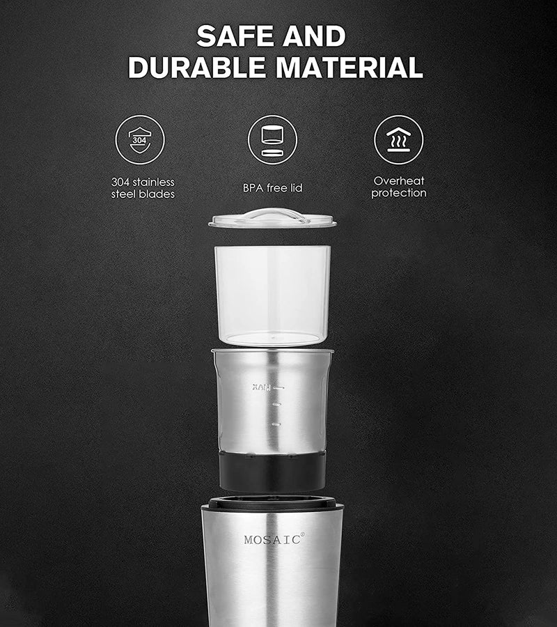 Coffee Grinder Electric, MOSAIC Herb Grinder, Spice Blender and Espresso Grinder with 2 Dishwahser Safe Stainless Steel Bowls for Coffee, Herb and Spices, Silver