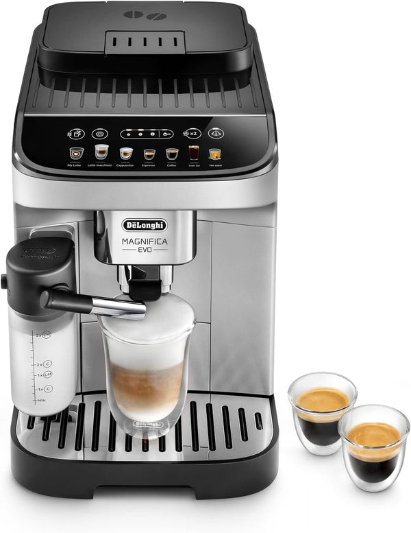 De'Longhi Magnifica Evo with LatteCrema System, Fully Automatic Machine Bean to Cup Espresso Cappuccino and Iced Coffee Maker, Colored Touch Display,Black, Silver