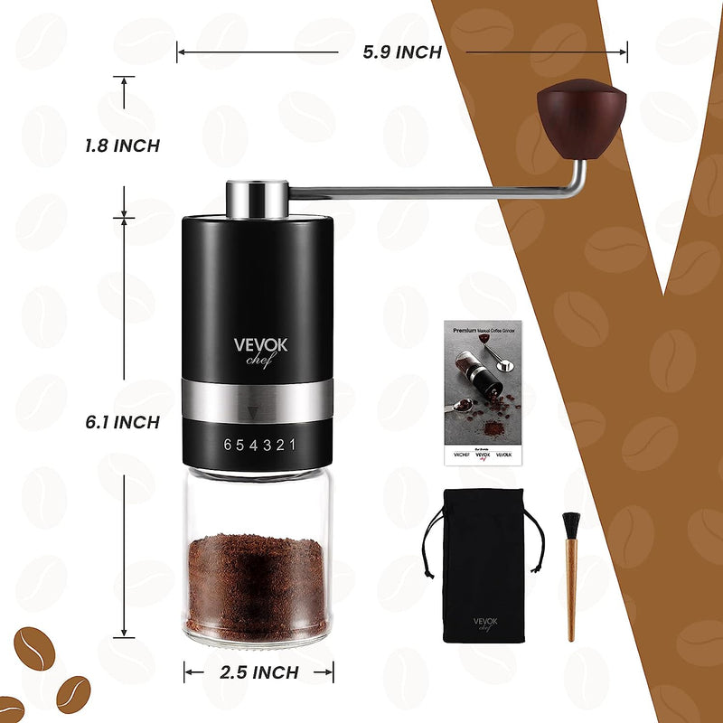 VEVOK CHEF Manual Coffee Grinder Hand Coffee Grinder 6 External Adjustable Setting Stainless Steel Conical Burr Coffee Mill Portable Hand Crank Coffee Bean Grinder Fine for Espresso