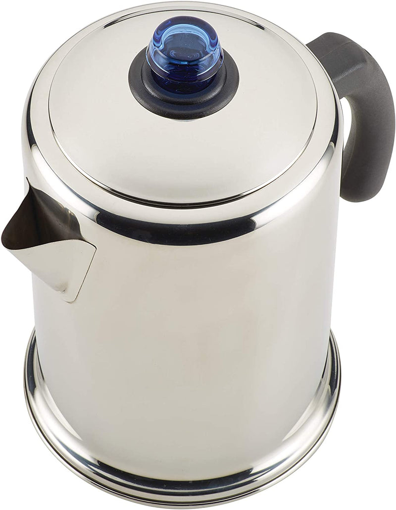 Farberware Classic Stainless Steel Coffee Percolator, 12 Cup, Silver with Glass Blue Knob, 7.28"D x 8.86"W x 10.83"H