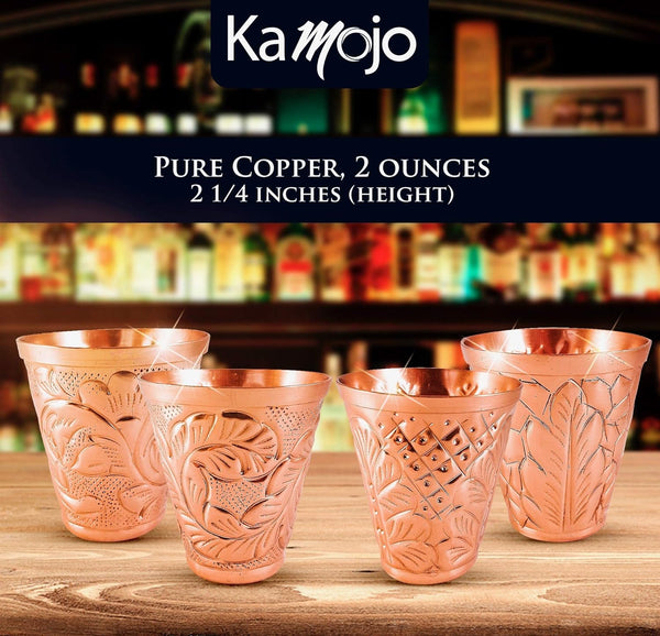 Kamojo Pure Copper Shot Glasses (Set of 4) - Moscow Mule Drinking Shot Glass for Home, Kitchen, Bar - Barware Drinking Glass for Tequila Vodka Cocktail Shooters - Custom Embossed Metal Drinkware Gift