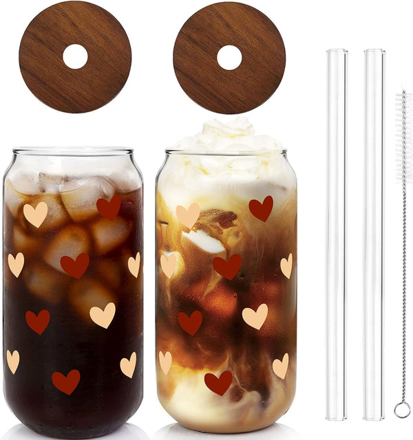 Iced Coffee Cups, 20 OZ Hearts Cup Glass Cups, Love Can Couple Drinking Glasses, Glass Cup with Bamboo Lids and Straw, Brown Heart Glass Cup - 2 Sets