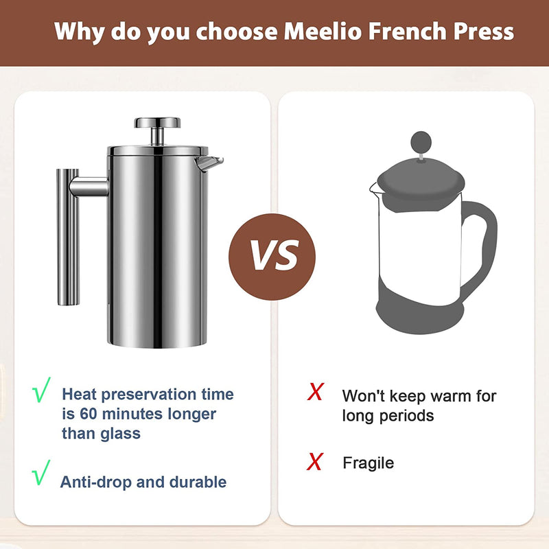 Meelio Small French Press Coffee Maker, Double-Wall Insulated French Press Coffee Press Stainless Steel, Included 2 Extra Fliters and 1 Coffee Spoon (350ML, 12 OZ)