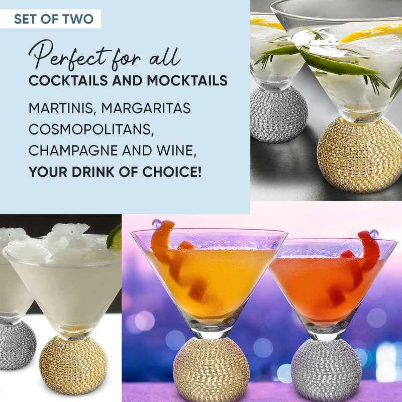 GEMEZZI Stemless Martini Glasses Set of 2, Silver Stemless Modern Cocktail Glass, Crystal Ball Base in Elegant Box, Perfect Bar Accessories for Margarita, Manhattan, Cosmos, Mixed Drinks, and Desserts