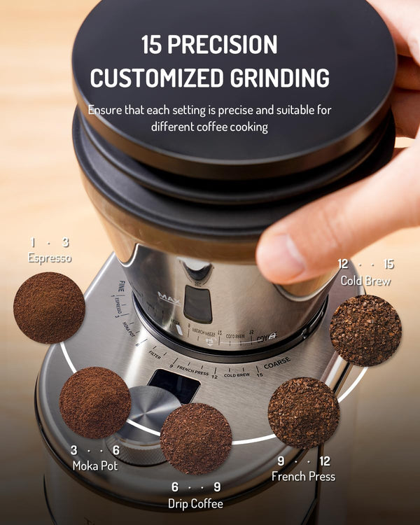 TWOMEOW Conical Burr Coffee Grinder, Stainless Steel Coffee Grinder Electric with 15 Precise Grind Settings for Espresso/Pour Over/Moka Pot/French Press/Cold Brew, Compact Design
