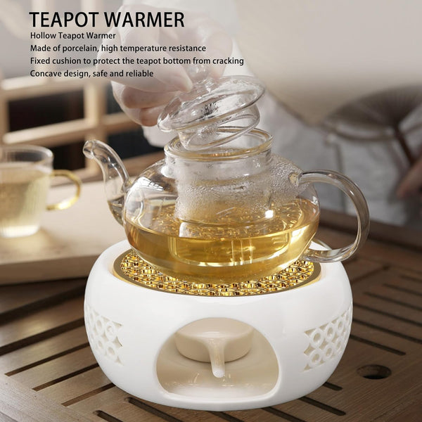 Porcelain Teapot Heater Hollow Frame Round Teapot Warmer Base with Alloy Cushion and Candle Holder Fixing Cushion