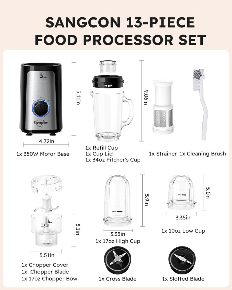 Sangcon 5 in 1 Blender and Food Processor Combo for Kitchen for smoothies/ice, Food Chopper for Meat and Vegetable, 350W High Speed Smoothie Blenders with 2 Speeds and Pulse for Smoothies and Shakes