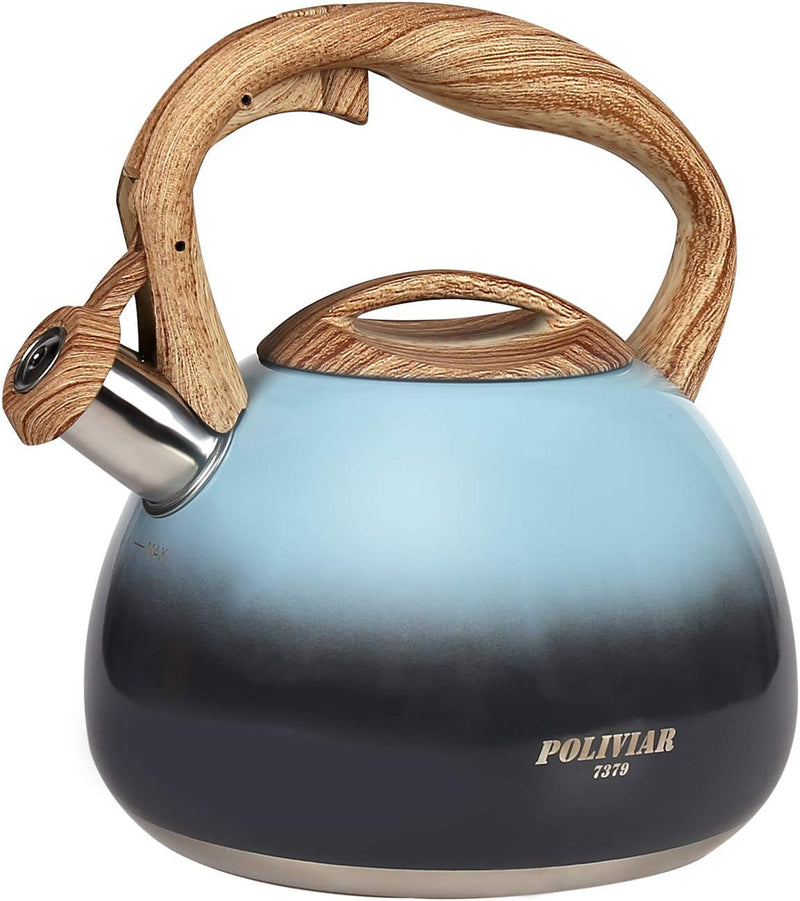 POLIVIAR Tea Kettle, 2.7 Quart Natural Stone Finish with Wood Pattern Handle Loud Whistle Food Grade Stainless Steel Teapot, Anti-Hot Handle and Anti-Rust, Suitable for All Heat Sources (JX2018-GR20)