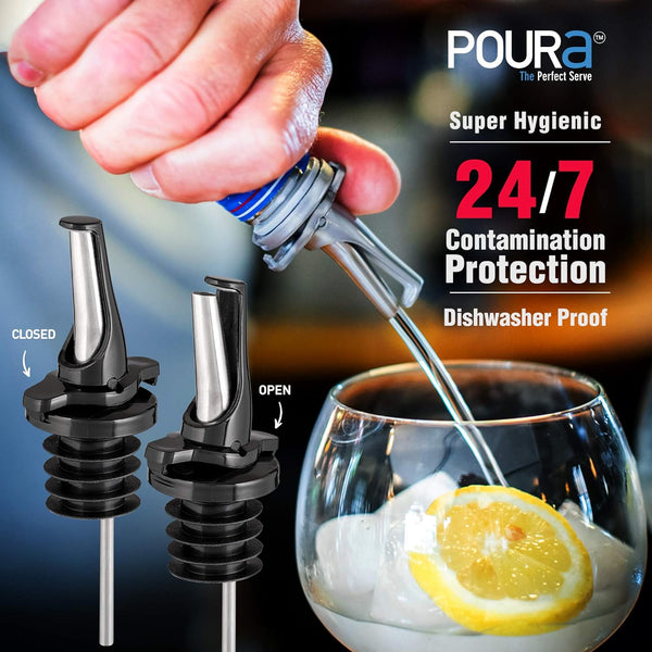 3-in-1 Liquor Pour spout with Built-in Fruit Fly Protection - Dishwasher Safe Hygienic Alcohol Speed Spouts - Also for Olive Oil, Juice, Syrup. Black 6 Pack with 6 Adapters for Large Neck Bottles
