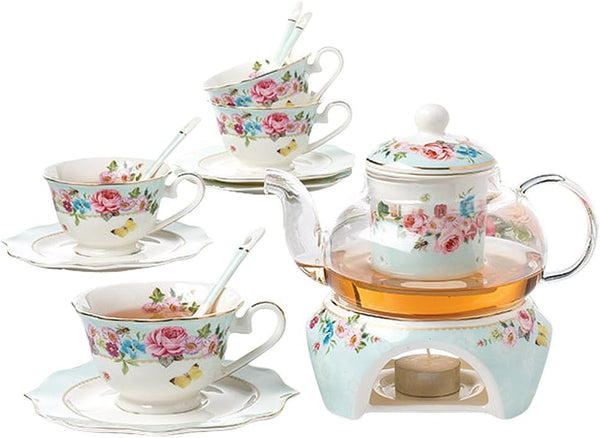Jusalpha Fine China Flower Series Tea Set-Teacup Saucer Spoon Set with Teapot Warmer & Filter, 16 pcs in 1 set (FDMM Glass pot set 04)