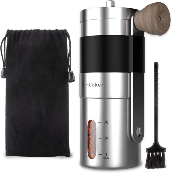 SimCoker Manual Coffee Grinder Ceramic Burrs Hand Coffee Grinder 304 Stainless Steel Compact size, Includes Cleaning Brush, Storage Pouch