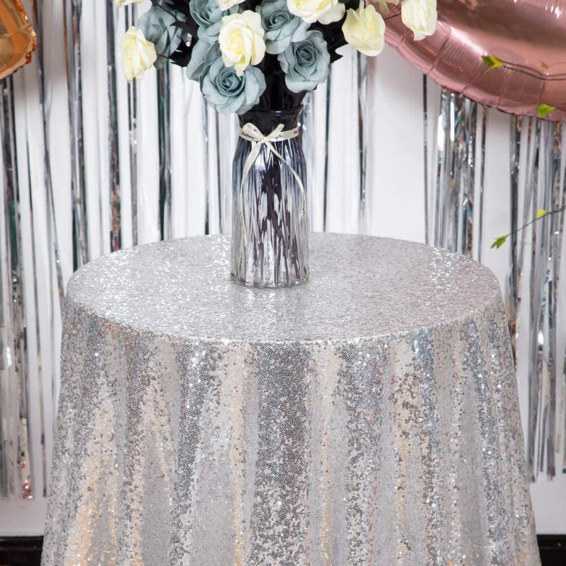 Sparkly Silver Sequin Round Tablecloth - Beautiful Table Linens for Weddings Parties and Showers
