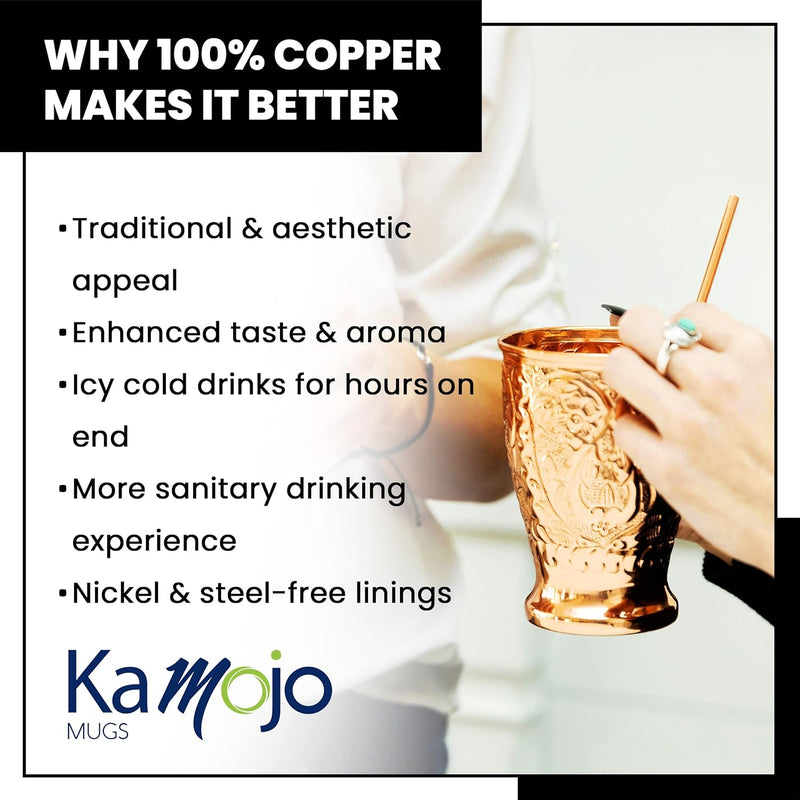 Kamojo Moscow Mule Mugs Set of 2 - Premium Moscow Mule Copper Mugs with Unique Embossed Design & Anti-Tarnish, Food-Grade Coating - Copper Cups Gift Set with 2 Copper Straws & Recipe E-Book, 16 oz