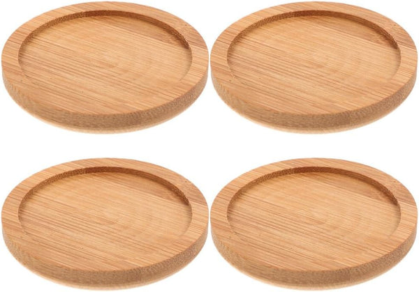 HOMSFOU Round Bamboo Coaster 4pcs Teacup Coasters Saucer Shaped Drink Coaster Plant Trays Tabletop Planters Protector Mini Dish for Kitchen Drinks Beverages Beer Coffee Glasses