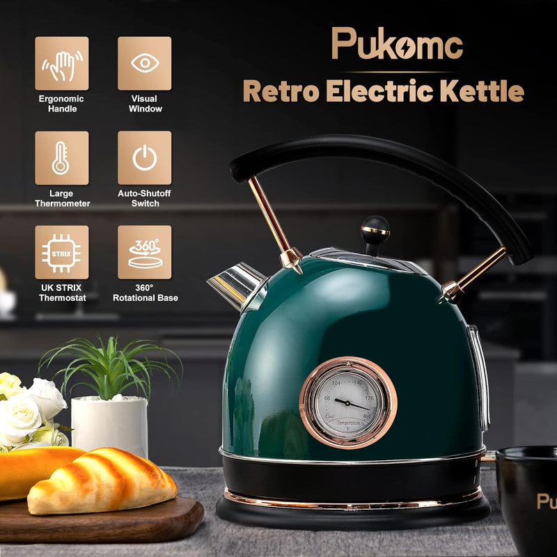 Pukomc 1.8L Electric Water Kettle with Temperature Gauge, Hot Water Boiler & Tea Heater with Curved Handle, Visible Water Level Line, Led Light, Auto Shut-Off&Boil-Dry Protection,Green