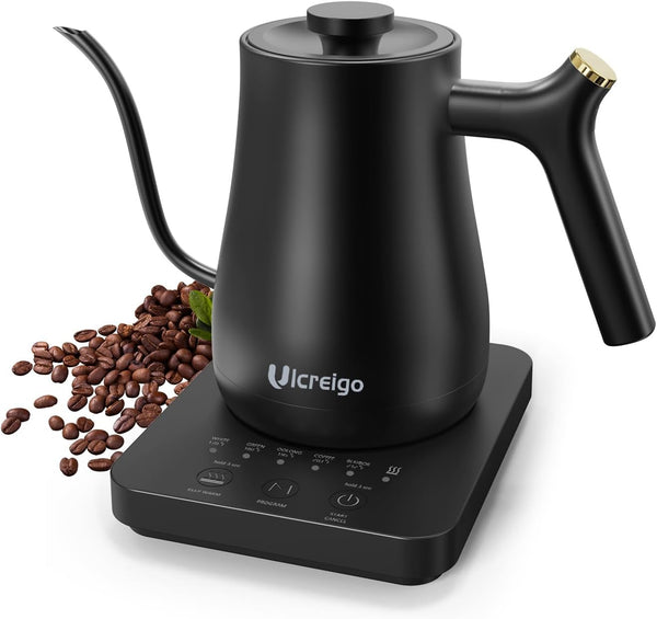 Ulcreigo Gooseneck Electric Kettle Temperature Control with 5 Variable Presets, Pour Over Coffee & Tea Kettle, 304 Stainless Steel Hot Water Boiler Heater Kettle for Boiling Water (Black)