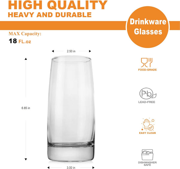 LUXU Highball Glasses,18 Fl.oz Heavy Base Drinking Glassware For Wine/Whiskey and Alcohol Drinks,Barware Collins Tumbler for Water/Juice and Milk,Cocktail Cups For Beer and Mixed Drinks(4 Pack) …