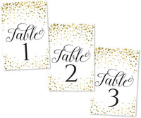 1-25 Gold Glitter Table Number Double Sided Signs for Wedding Reception, Restaurant, Birthday Event, Calligraphy Printed Numbered Card Set Centerpiece Decoration Setting Reusable Frame Stand 4X6 Size