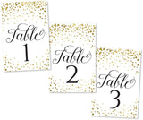 1-25 Gold Glitter Table Number Double Sided Signs for Wedding Reception, Restaurant, Birthday Event, Calligraphy Printed Numbered Card Set Centerpiece Decoration Setting Reusable Frame Stand 4X6 Size