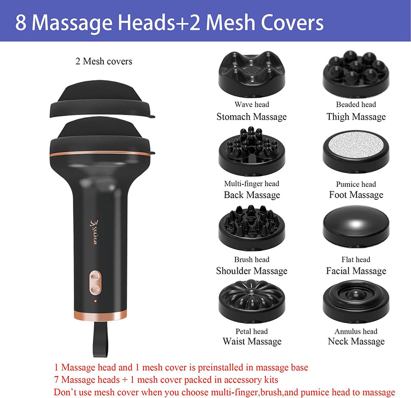 Handheld Cellulite Massager, Body Sculpting Machine, Rechargeable & Cordless, Stomach Fat Massager With 8 Massage Heads 2 Mesh Covers, Massage Abdominal Belly Thighs Butt Neck for Women Men at Home