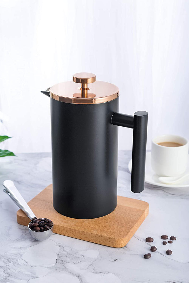 Miuly Large Coffee Press 34oz,Double Wall Insulated Black Stainless Steel French Press with Rose Gold Lid 2 Extra Filter and Coaster Mat(34oz, Black)