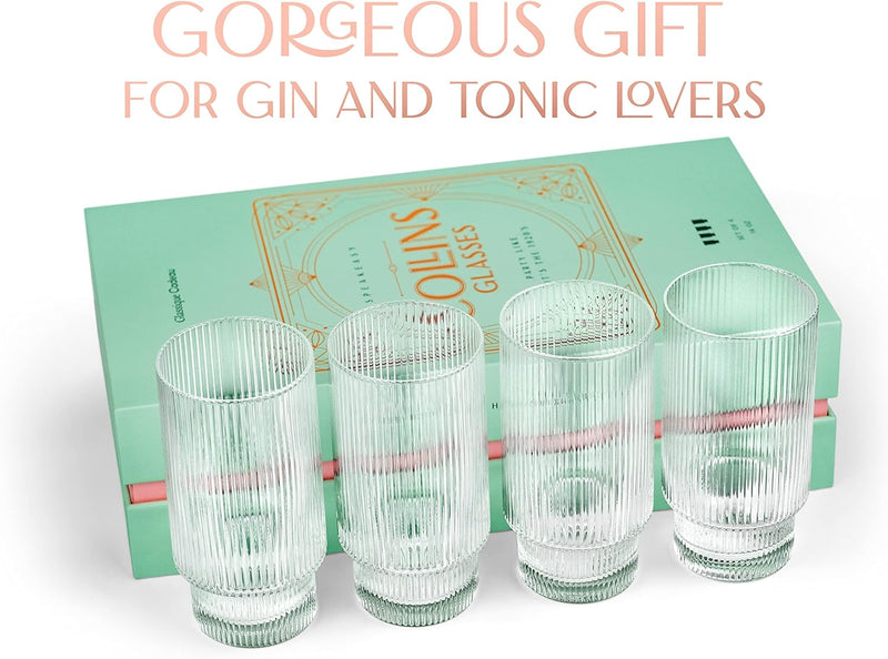 Vintage Art Deco Collins Ribbed Cocktail Glasses | Set of 4 | 14 oz Crystal Highball Glassware for Drinking Mojito, Tom Collins, Classic Hi Ball Bar Drinks | Skinny Tall Barware Tumblers