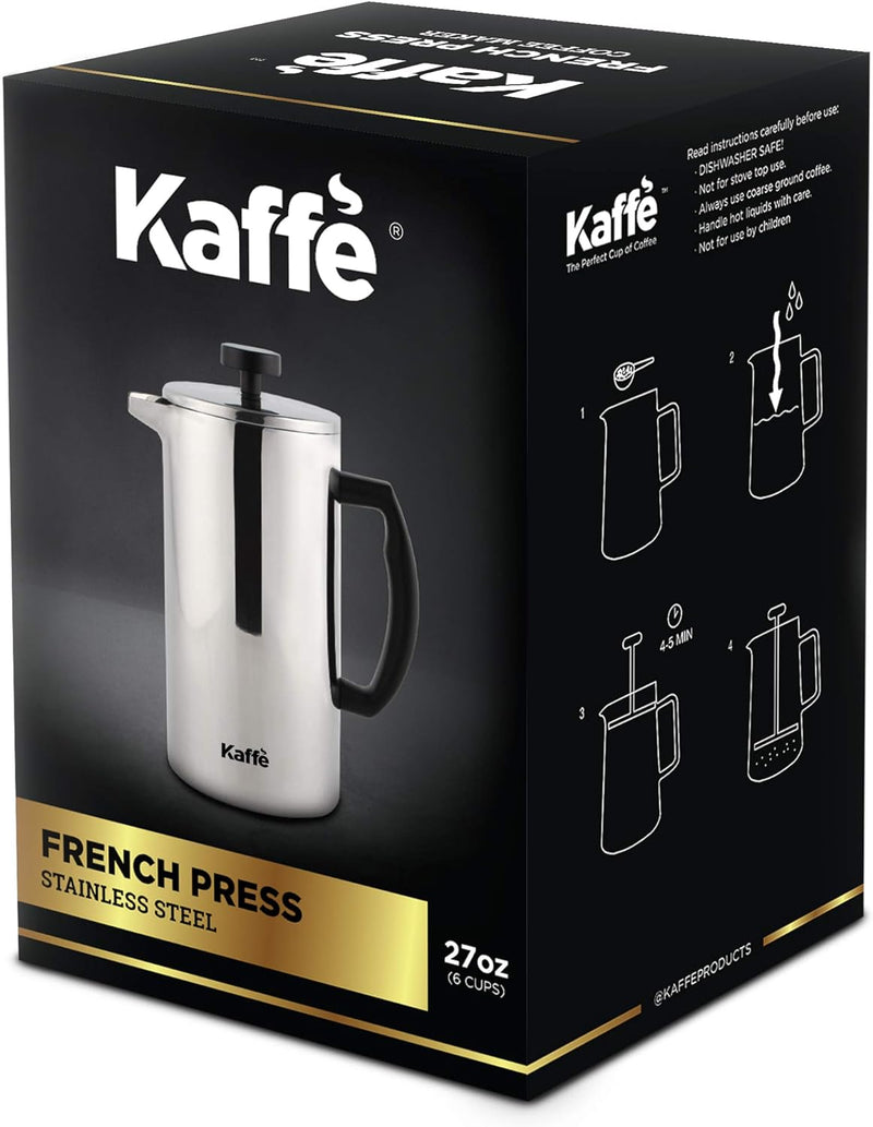 Kaffe Large French Press Coffee Maker & Camping Coffee Pot - Double-Wall Stainless Steel Tea & Coffee Press with Extra Filter - Perfect Travel & Camping Cookware (6 cups / 0.8L)