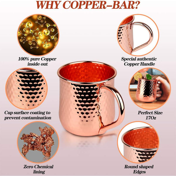 Moscow Mule Copper Mugs - Set of 2, Gift Box, 17Oz Traditional Design Handcrafted Cocktail Copper Cups, Food Safe 100% Authentic Pure Solid Copper Mug Set with Brass Handle & Copper Straws (Copper, 2)