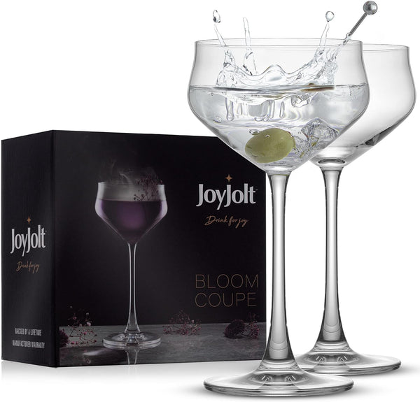 JoyJolt Crystal Cocktail Glasses - Coupe Glasses Made in Europe, 9.2oz Martini Glasses, Set of 2 Martini Glass for Cocktails, Summer Drinks, Champagne - coupe cocktail glass set