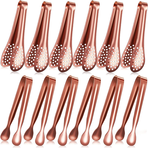 Vesici 12 Pieces Mini Serving Tongs Small Tongs Serving Utensils, Ice Tongs Mini Sugar Tongs, Small Tongs for Appetizers, 5 Inch and 4 Inch(Rose Gold)