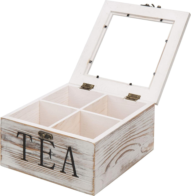 MyGift Shabby Whitewashed Solid Wood Tea Box Organizer with 4 Compartments, Teabag Storage Chest with Clear Acrylic Lid and Latch