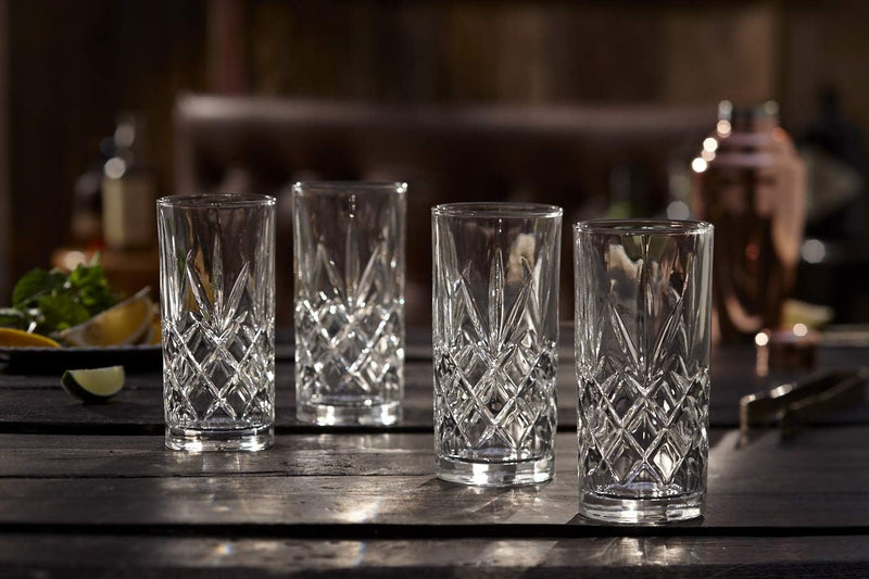 Royalty Art Kinsley Tall Highball Glasses Set of 8, 12 Ounce Cups, Textured Designer Glassware for Drinking Water, Beer, or Soda, Trendy and Elegant Dishware, Dishwasher Safe (Hiball)