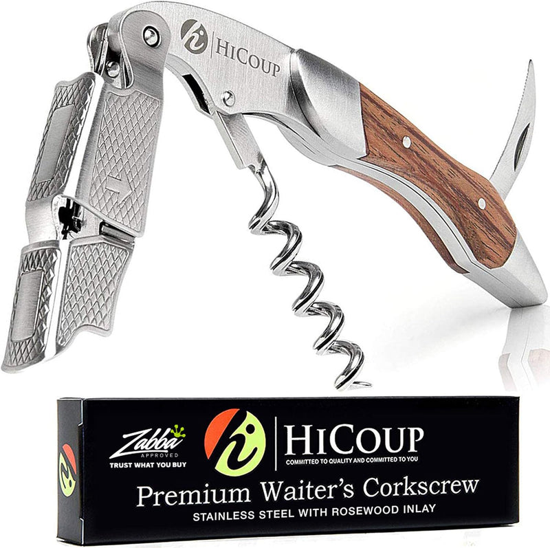 Hicoup Wine Opener - Professional Corkscrews for Wine Bottles w/Foil Cutter and Cap Remover - Manual Wine Key for Servers, Waiters, Bartenders and Home Use - Classic Rosewood