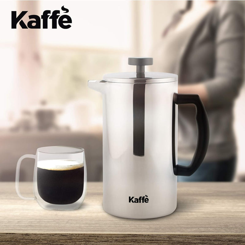 Kaffe Large French Press Coffee Maker & Camping Coffee Pot - Double-Wall Stainless Steel Tea & Coffee Press with Extra Filter - Perfect Travel & Camping Cookware (6 cups / 0.8L)