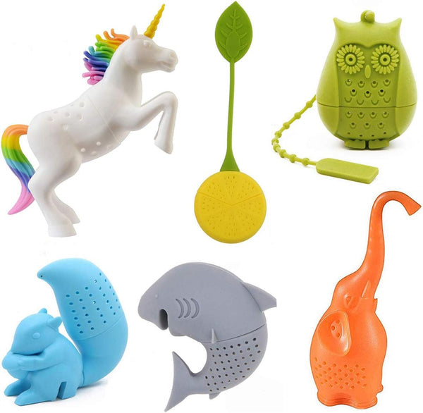 Konrisa Silicone Tea Infuser Set of 6,Creative Animal Tea Ball Strainer Tea Filters Loose Leaf Cute Tea Infuser Strainer Gift For Tea Lovers Includes Unicorn Owl Elephant Shark Squirrel Lemon