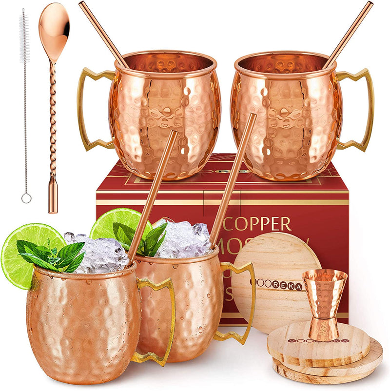 Yooreka Gift Set Moscow Mule Mugs Set Of 4 16 oz Solid Cooper, 100% Pure Copper Cups Cylindrical Shape HANDCRAFTED,BONUS 4 Straws, 4 Wood Coasters, Stirring Spoon, And Shot Glass (Square)