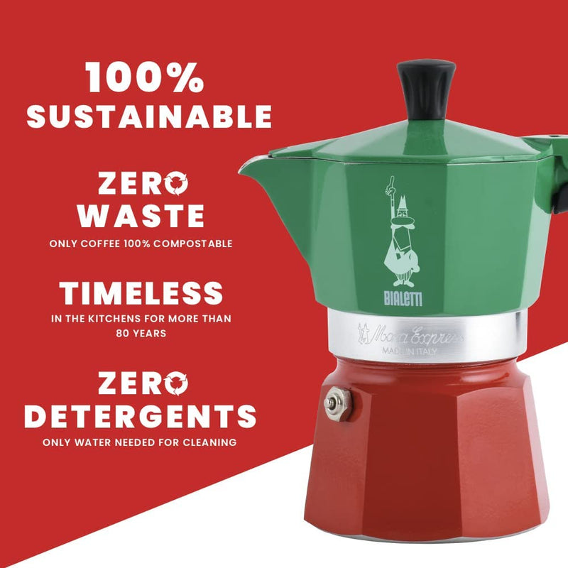 Bialetti - Moka Express Italia Collection: Iconic Stovetop Espresso Maker, Makes Real Italian Coffee, Moka Pot 6 Cups (9 Oz - 270 Ml), Aluminium, Colored in Red Green Silver