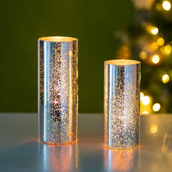 Glasseam Mercury Gold Candle Holders, Set of 6 Glass Hurricane Candle Holder, Glitter Pillar Candle Holder for Table, Modern Cylinder Vases for Centerpieces Wedding Dining Christmas Decorations