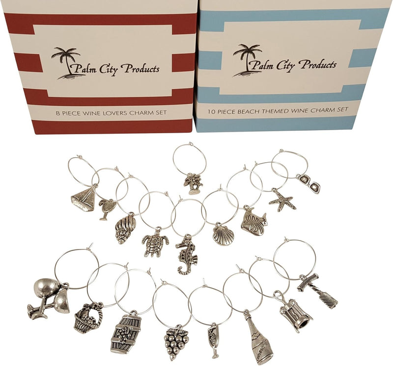 Palm City Products Bundle of Two Wine Charm Sets - 18 Pieces Total, Beach and Wine Themes