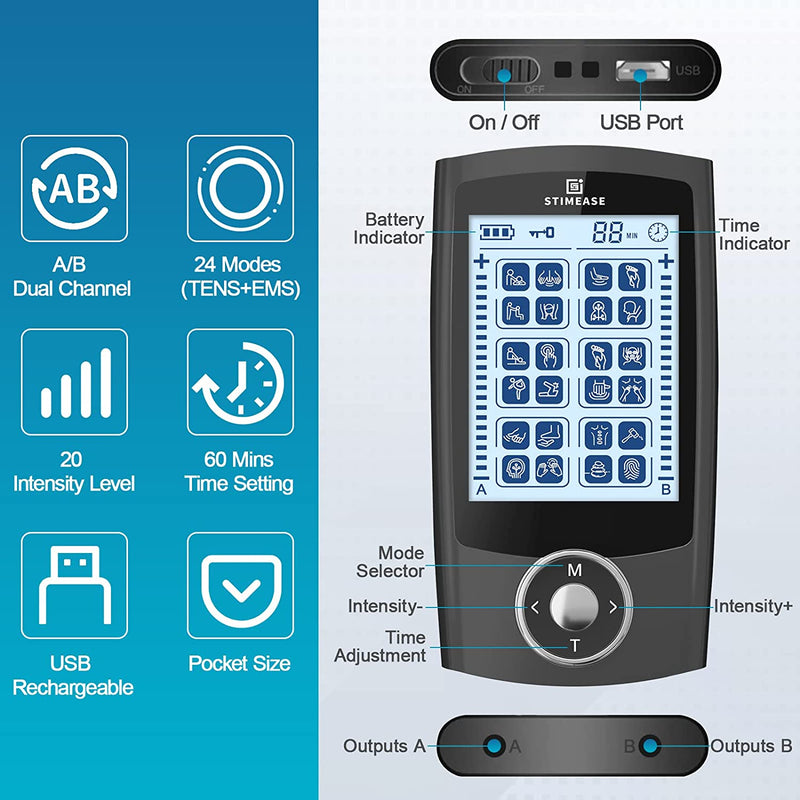 TENS EMS Unit Muscle Stimulator, 24 Modes, Dual Channel, Rechargeable Pulse Massager for Back, Neck, Muscle Pain Relief. with 12 Electrode Pads, ABS Pads Holder, USB Cable, and TENS Unit Case (Black)