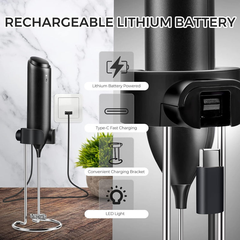 FLENDY Rechargeable Milk Frother Handheld, Coffee Frother Handheld Rechargeable with USB C Integrated Charging Stand, Electric Drink Mixer Handheld, Mini Electric Whisk for Coffee, Matcha, etc