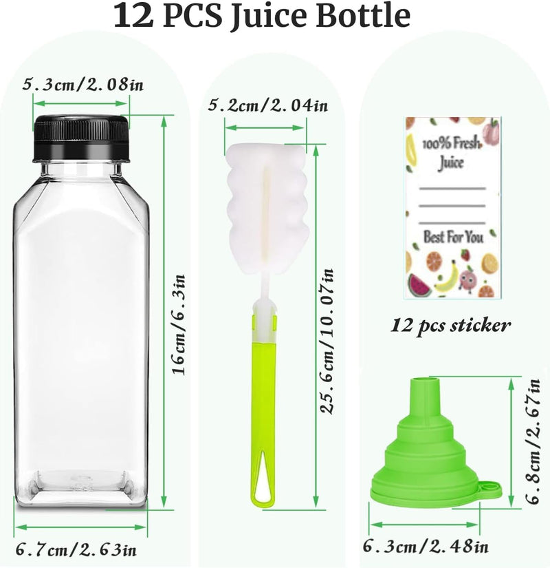 Plastic Juice Bottles with Caps 12 pcs, 12oz Reusable Juice Containers with Tamper Proof Lids Black, Clear Juice Bottles for Juicing, Milk, Smoothie, Drinking, and Other Beverages