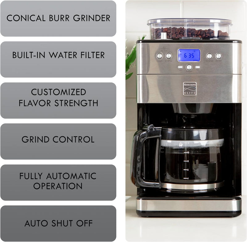 Kenmore Elite Grind and Brew Coffee Maker w/ Burr Grinder, 12 Cup Programmable Automatic Timer Brew Coffee Machine, Air-Tight Bean Hopper, Grind Size and Brew Strength Selectors, Stainless Steel