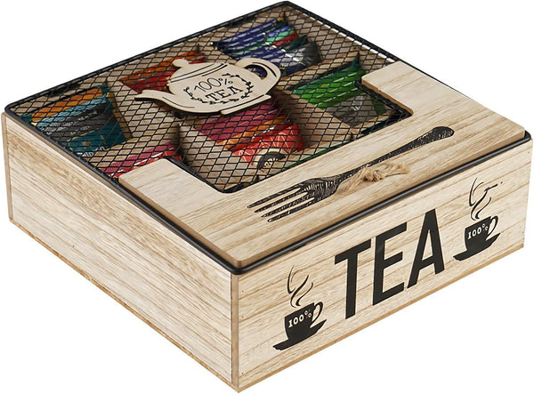 CBEYNCHOS Wooden Tea Box Storage,Tea Bag Organizer Holder for Home Restaurant Cafe Bar Party with Transparent Lid,Tea Chest,Rustic Wood,9 Compartments (Wood Color A)