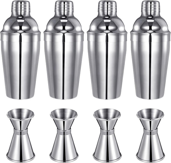 4 Packs Cocktail Shaker Set Martini Shaker Bulk Stainless Steel Martini Mixer with Strainer Drink Shaker with Double Measuring Jigger for Bar Party Home Use Wine Shaker Bar Mixing Tool (18 oz/ 550 ml)