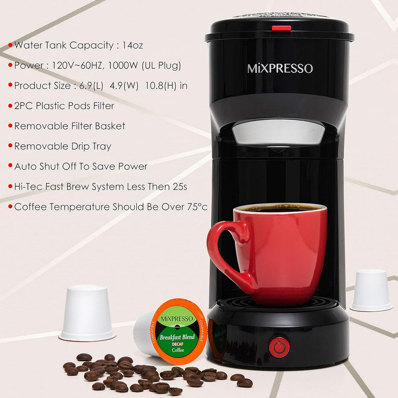 Mixpresso 2 in 1 Coffee Brewer, Single Serve Coffee Maker K Cup Compatible & Ground Coffee, Personal Coffee Maker Compact Mini Coffee Maker, Quick Brew Technology 14 oz Black Coffee Maker