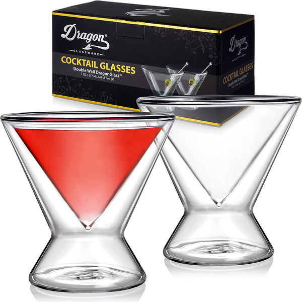 Dragon Glassware Martini Glasses, Stemless Clear Double Wall Insulated Cocktail Glass, Unique and Fun Gift for Espresso Martini Lovers, Keeps Drinks Cold Longer, 7 oz Capacity, Set of 2