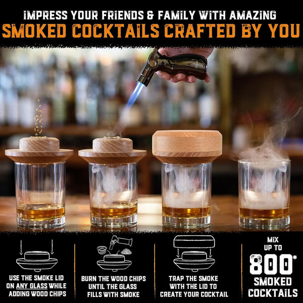 Cocktail Smoker Kit with Torch - High-End Set, USA Oak, Fine Wood Chips - Old Fashioned Cocktail Kit for Whiskey - Bourbon Gifts for Men - Gift from Wife, Daughter, Son (with Butane)